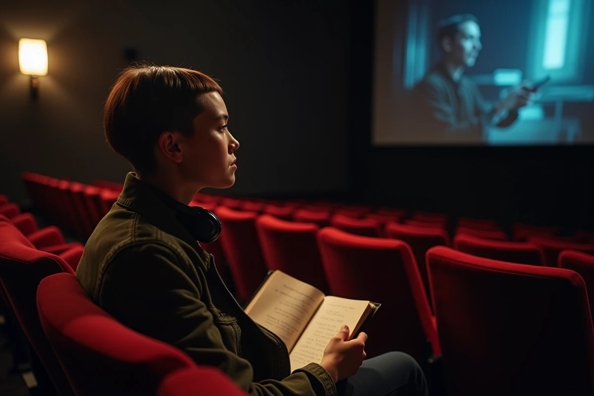 Jeune réalisatrice indépendante prenant des notes dans une salle de cinéma, symbolisant l'influence artistique et intellectuelle de James Funn sur les créateurs émergents