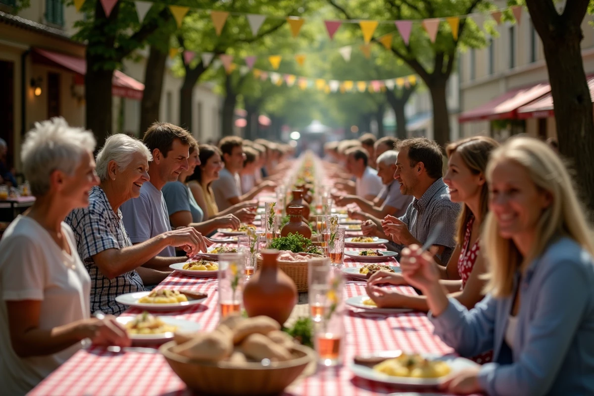 Repas partagé en plein air lors d'une fête de village en Aveyron avec tables dressées et plats régionaux