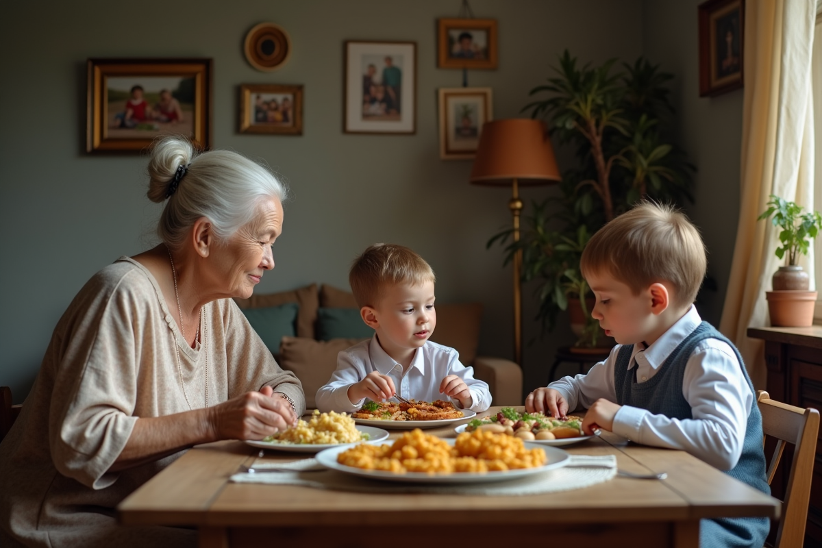 Trois générations partagent un repas dans un intérieur chaleureux