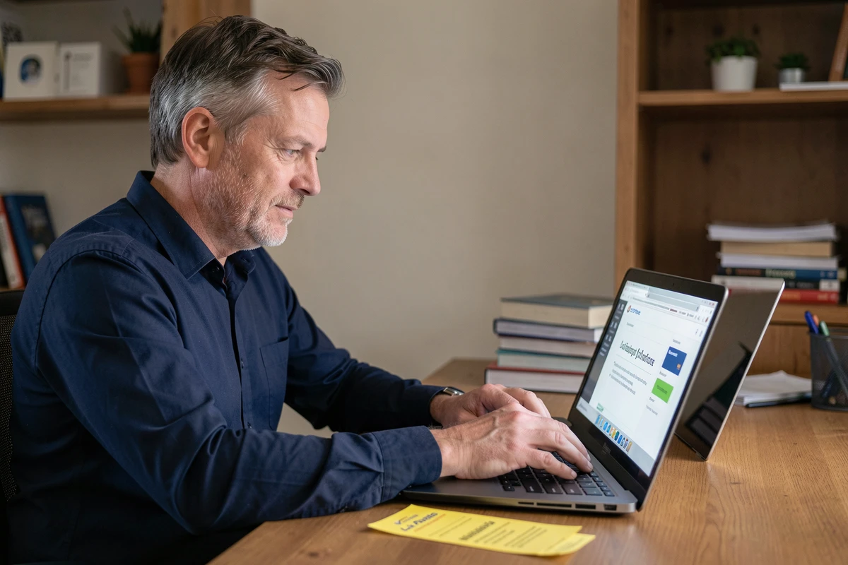 Homme reprogrammant une livraison La Poste en ligne depuis son bureau à domicile avec un avis de passage posé sur le bureau