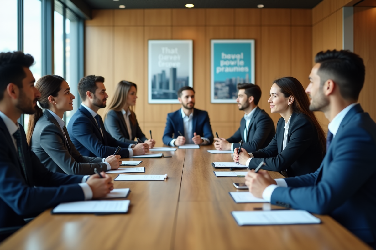 Professionnels en réunion discutant du developpement des talents
