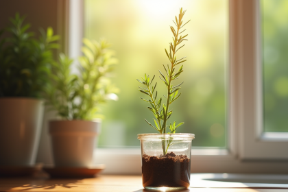Romarin frais planté sur une fenêtre ensoleillée
