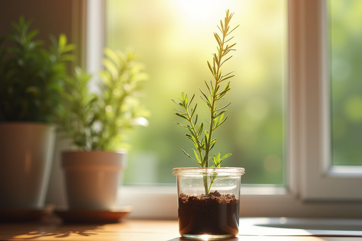 Romarin frais planté sur une fenêtre ensoleillée