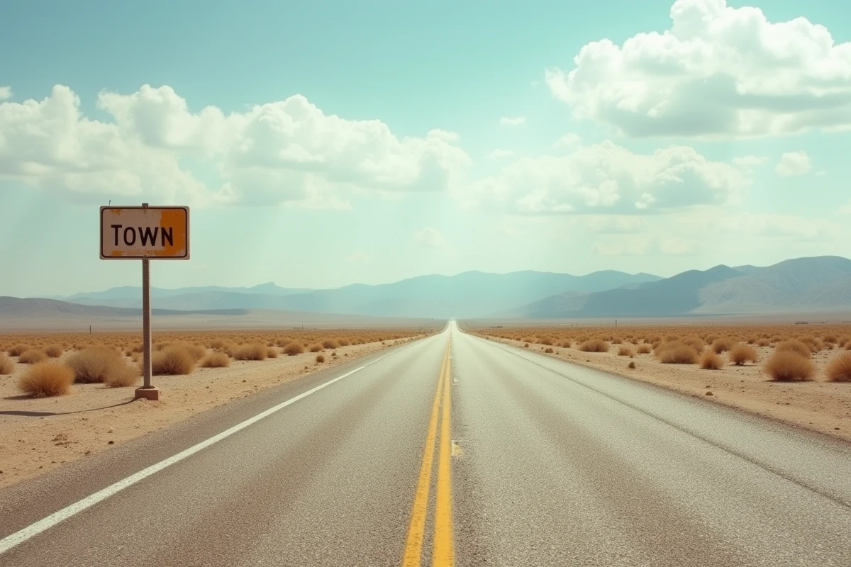 Route désertique du Nevada menant vers une petite ville à l'horizon, panneau routier et paysage aride typique de l'Ouest américain