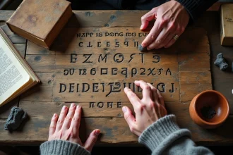 Mains masculines âgées traçant des runes Elder Futhark gravées sur une surface en bois rustique, entourées de parchemins et d'un livre ancien
