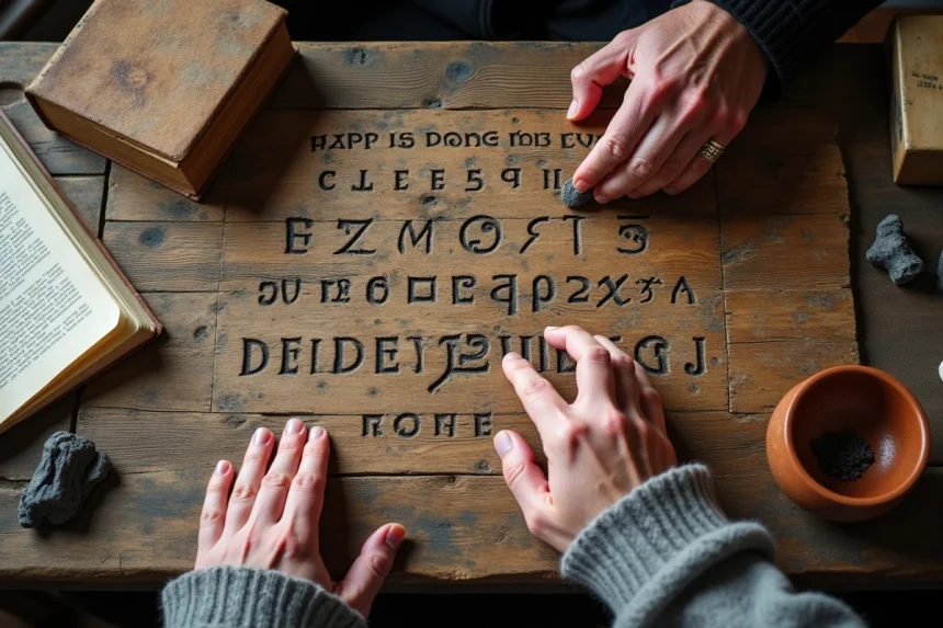 Mains masculines âgées traçant des runes Elder Futhark gravées sur une surface en bois rustique, entourées de parchemins et d'un livre ancien
