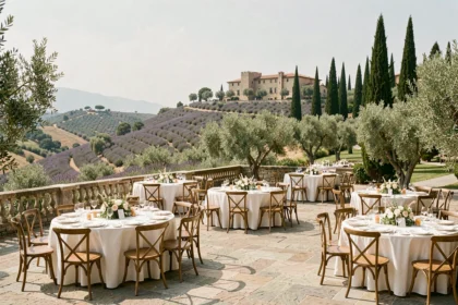 Vue panoramique d'une salle de réception en plein air dans les Alpes-Maritimes avec tables dressées sur une terrasse en pierre face aux collines méditerranéennes