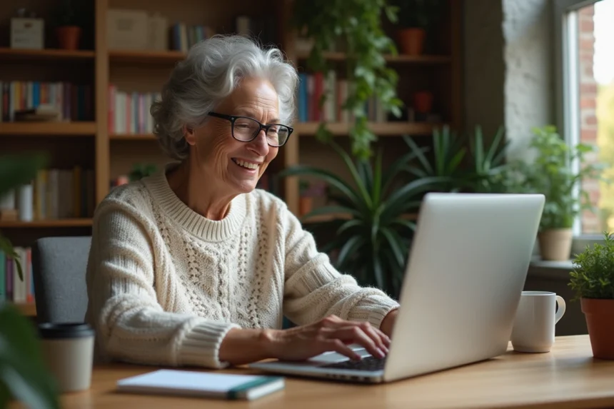Femme senior souriante utilisant un ordinateur à la maison