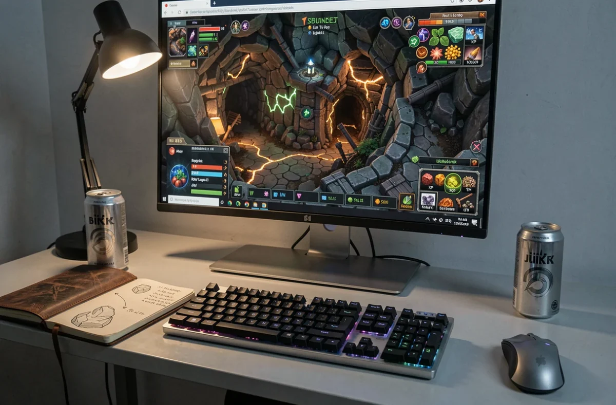 Bureau gaming avec écran affichant une carte de mine et des ressources de minerai dans un RPG fantasy