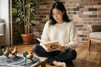 Femme asiatique consultant un livre d'astrologie chinoise entourée de figurines de coq pour l'année 2026