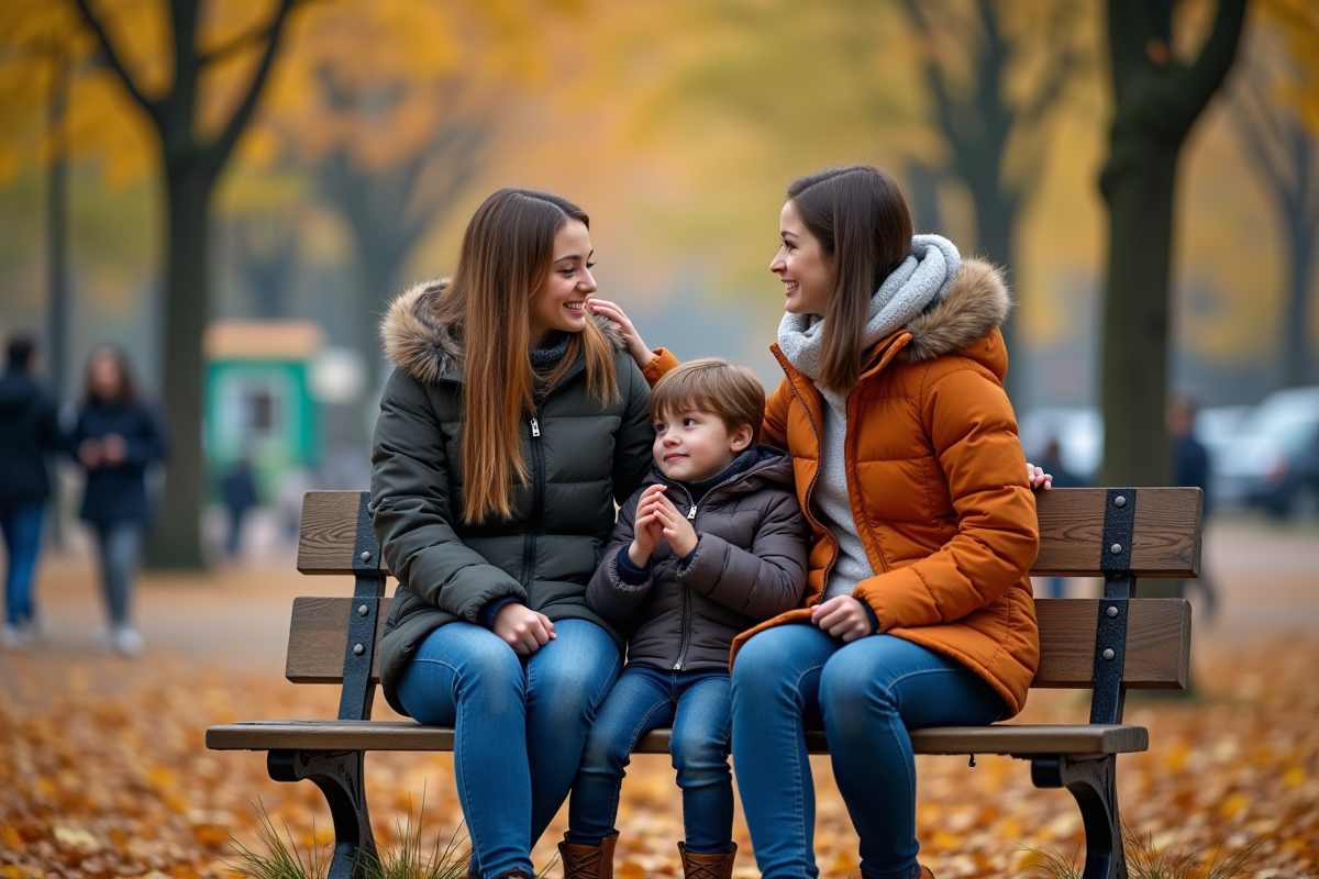 Soeurs et garçon dans un parc en automne sur un banc