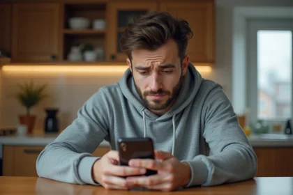 Homme frustré regardant son smartphone avec un SMS bloqué affiché à l'écran dans une cuisine moderne