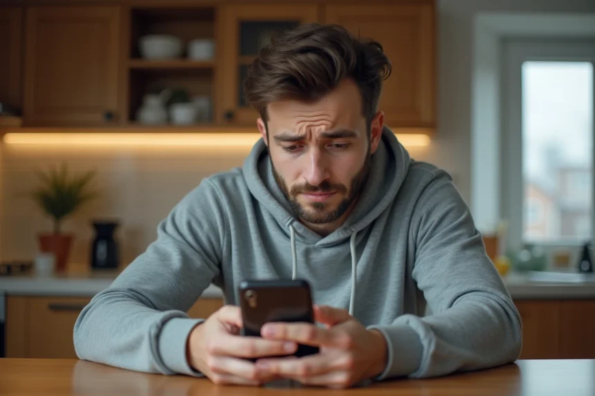 Homme frustré regardant son smartphone avec un SMS bloqué affiché à l'écran dans une cuisine moderne
