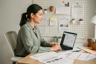 Femme professionnelle planifiant une stratégie de contenu éditorial sur un bureau organisé avec calendrier imprimé et laptop