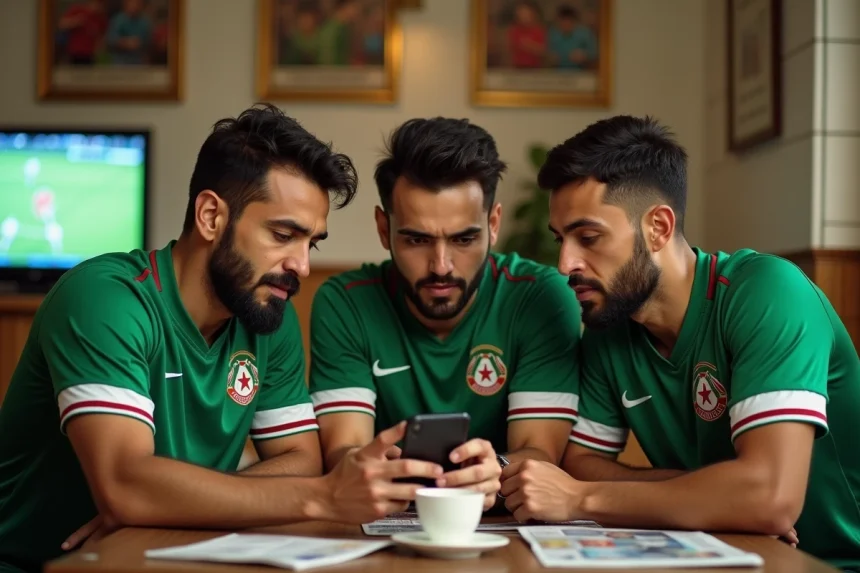Supporters algériens suivant un match de football en direct sur smartphone dans un café traditionnel