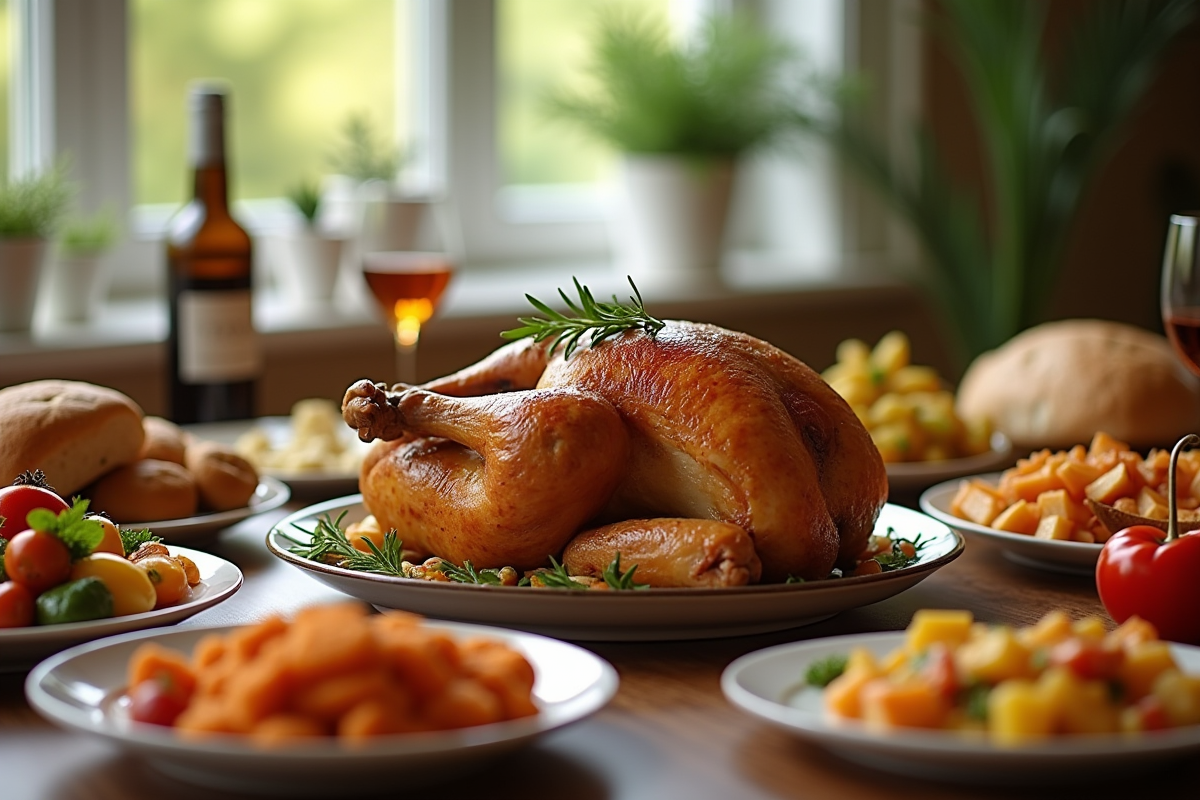 Table de dîner familial avec poulet et légumes colorés