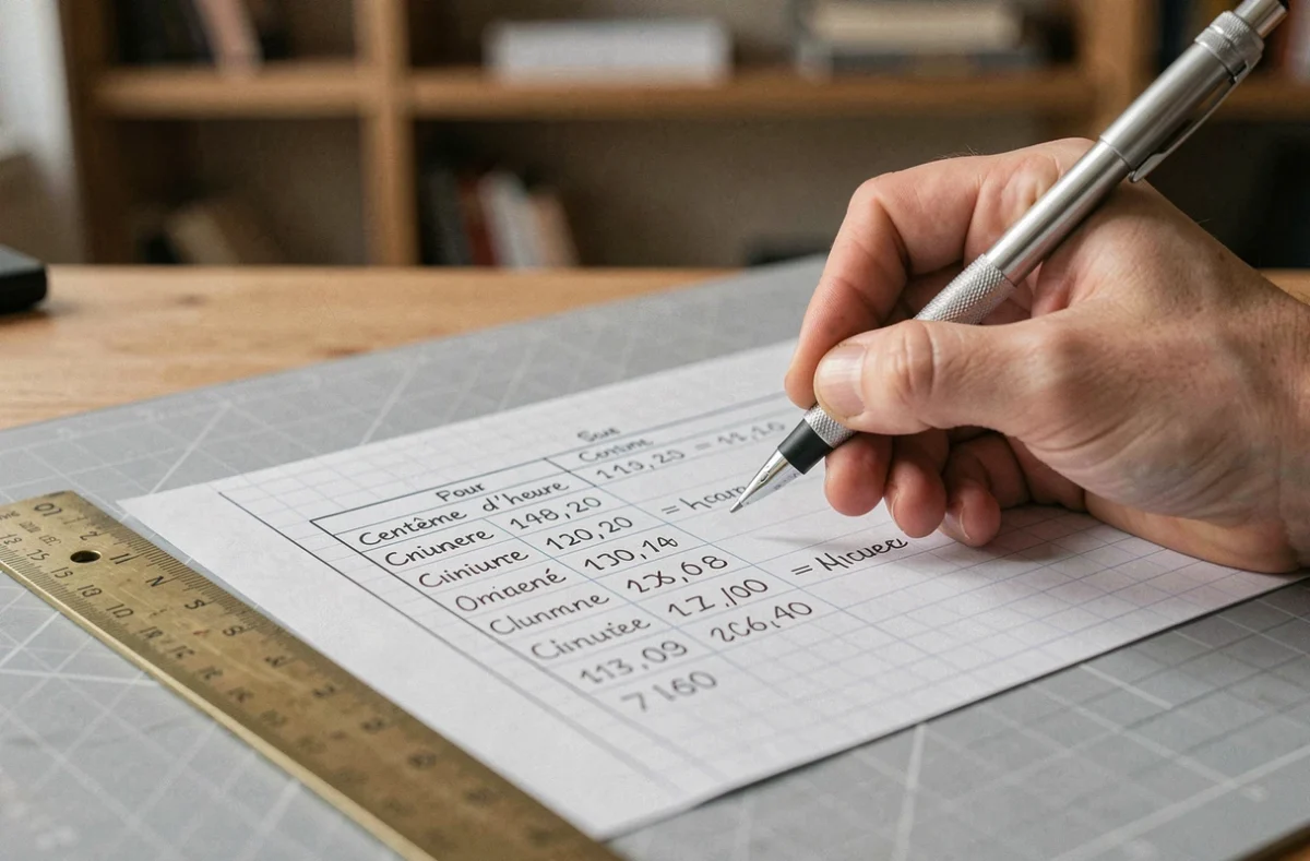 Gros plan d'une main écrivant un tableau de conversion de centièmes d'heure en heures et minutes sur du papier quadrillé