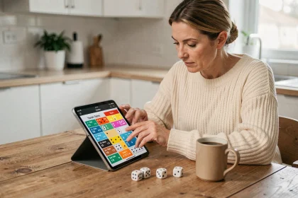 Femme utilisant une tablette pour enregistrer ses scores au Yam en ligne dans une cuisine moderne