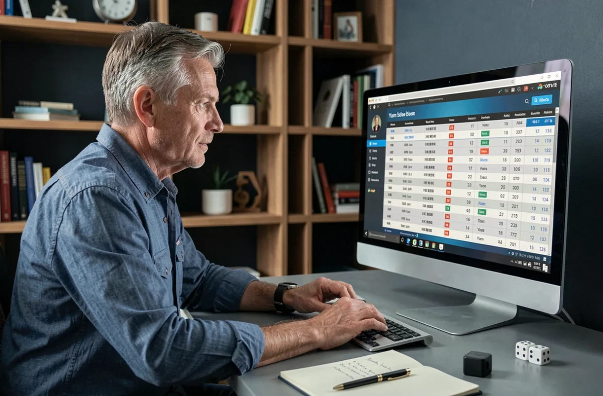 Homme consultant un tableau de scores Yam en ligne sur un ordinateur de bureau dans un bureau à domicile
