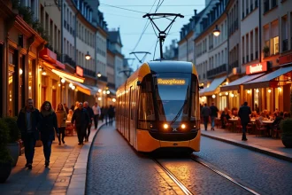 Tramway de Nantes traversant une rue animée avec restaurants et bars le soir