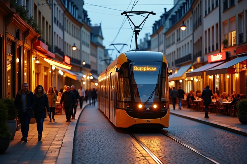 Tramway de Nantes traversant une rue animée avec restaurants et bars le soir