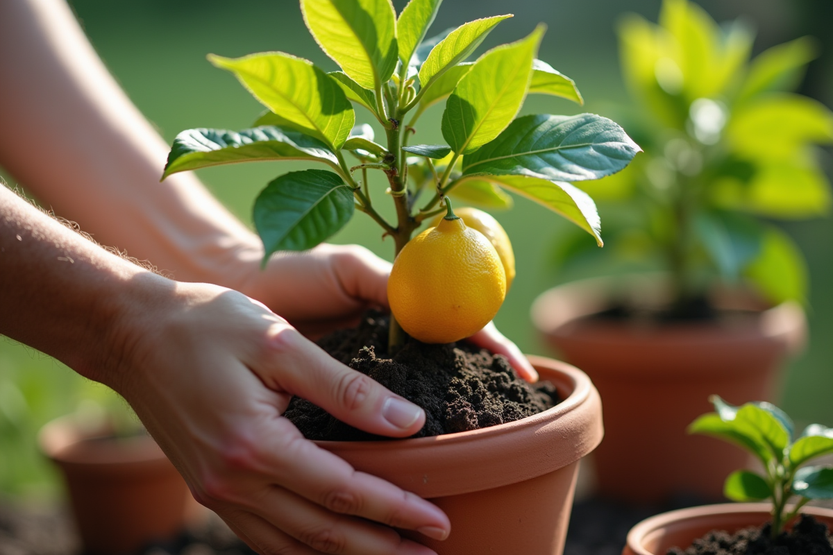 Transplantation d'un jeune limonier en pot en gros plan