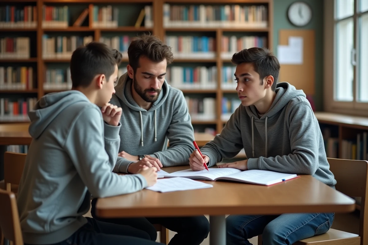 Tuteur de français aidant un élève à mémoriser la règle d'accord du verbe accueillir dans une bibliothèque