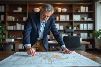 Urbaniste examinant une carte de zonage dans un bureau