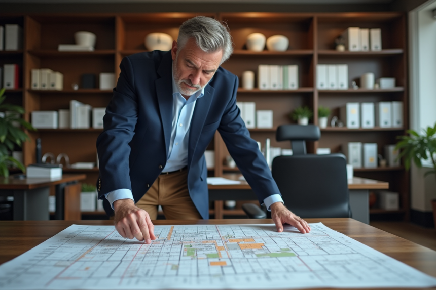 Urbaniste examinant une carte de zonage dans un bureau