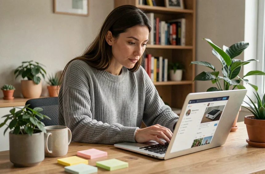 Utilisatrice consultant des avis sur la plateforme Kordoz depuis son bureau à domicile