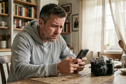 Vendeur inquiet regardant son téléphone après une tentative d'arnaque sur Le Bon Coin