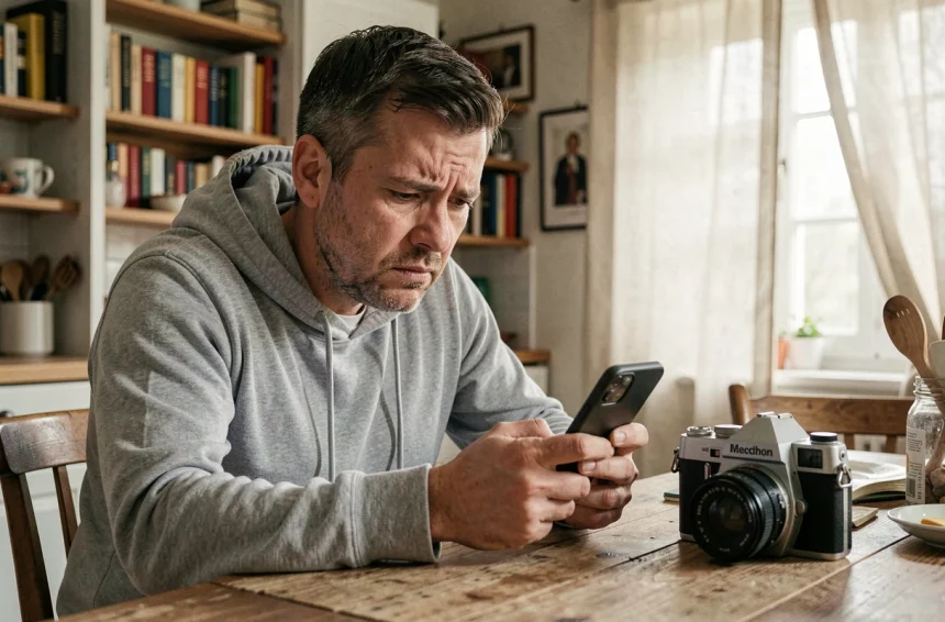 Vendeur inquiet regardant son téléphone après une tentative d'arnaque sur Le Bon Coin