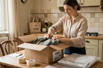 Vendeuse Vinted préparant un colis de vêtements d'occasion dans son appartement à Aulnay-sous-Bois