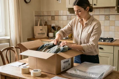 Vendeuse Vinted préparant un colis de vêtements d'occasion dans son appartement à Aulnay-sous-Bois
