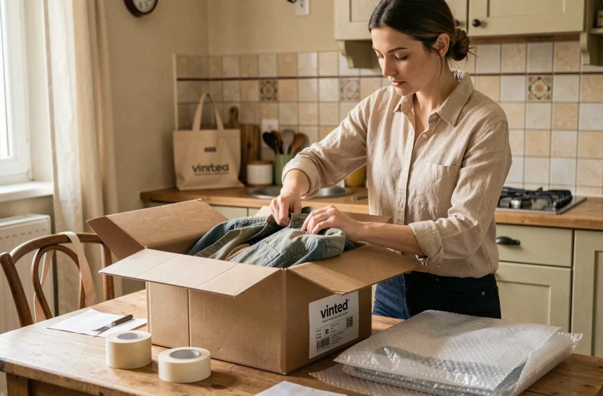 Vendeuse Vinted préparant un colis de vêtements d'occasion dans son appartement à Aulnay-sous-Bois