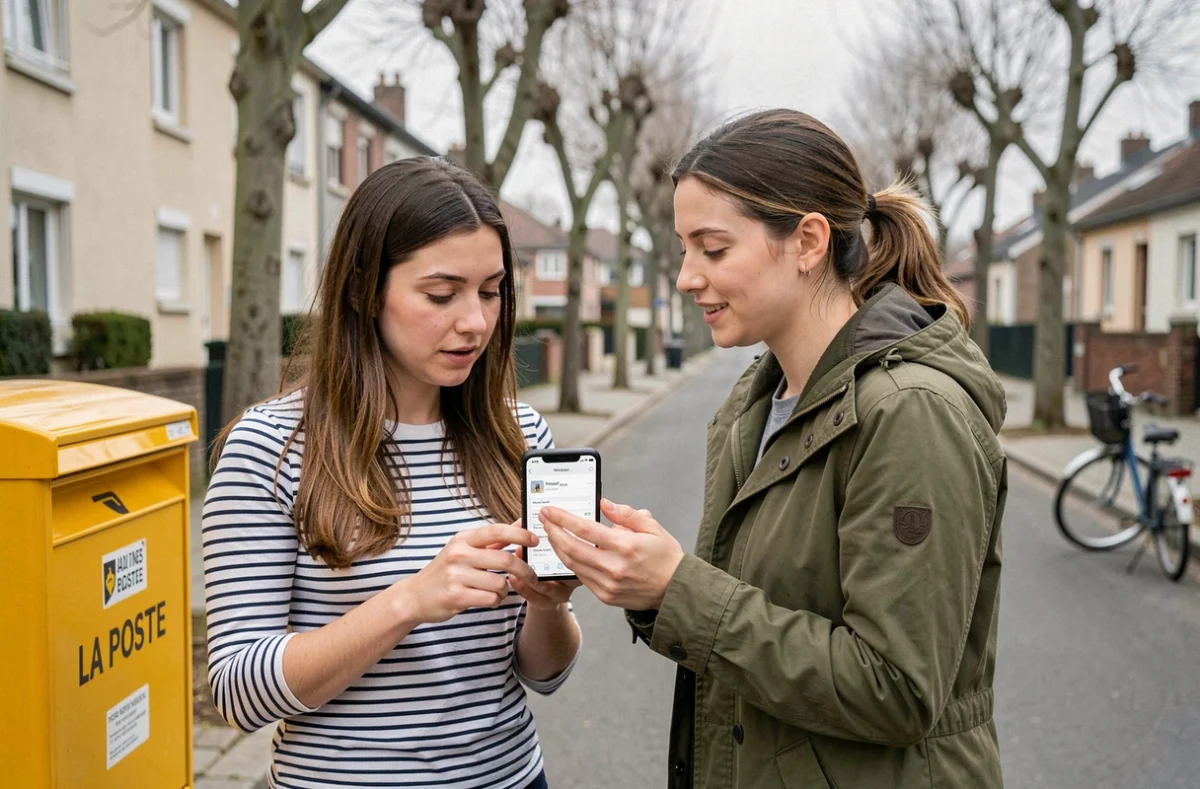 Deux vendeuses Vinted consultant leur suivi de colis dans une rue d'Aulnay-sous-Bois