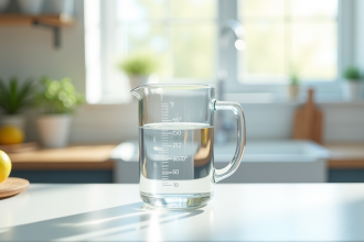 Verre mesureur avec 60 cl d'eau sur plan blanc lumineux