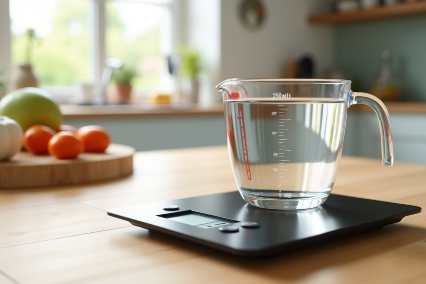 Verre mesureur rempli à 250 ml d'eau avec balance de cuisine