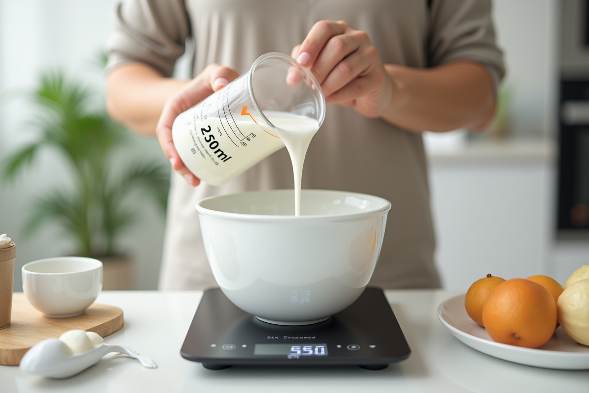 Mains versant du lait dans un bol sur balance de cuisine