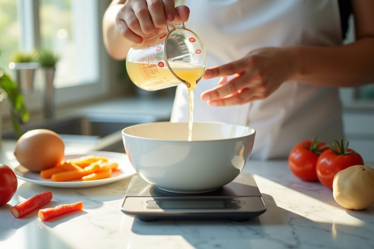Mains versant liquide dans un bol sur balance en cuisine