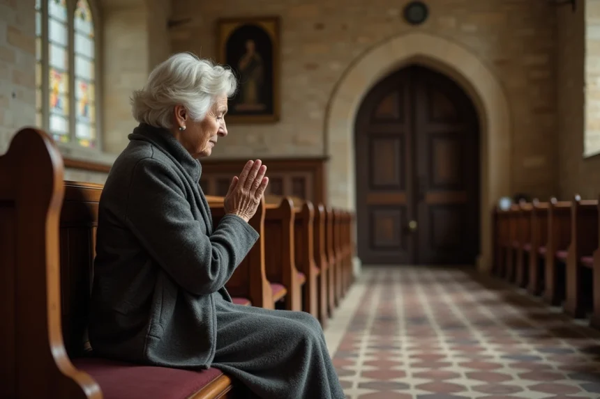 Femme &acirc;g&eacute;e en pri&egrave;re dans une &eacute;glise ancienne en Auvergne