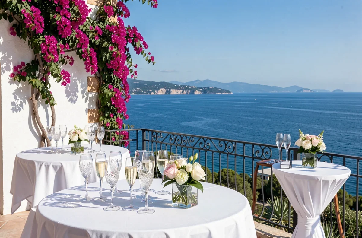 Terrasse de réception de la Villa Simone sur la Côte d'Azur avec vue panoramique sur la mer et tables de cocktail dressées face à la Méditerranée