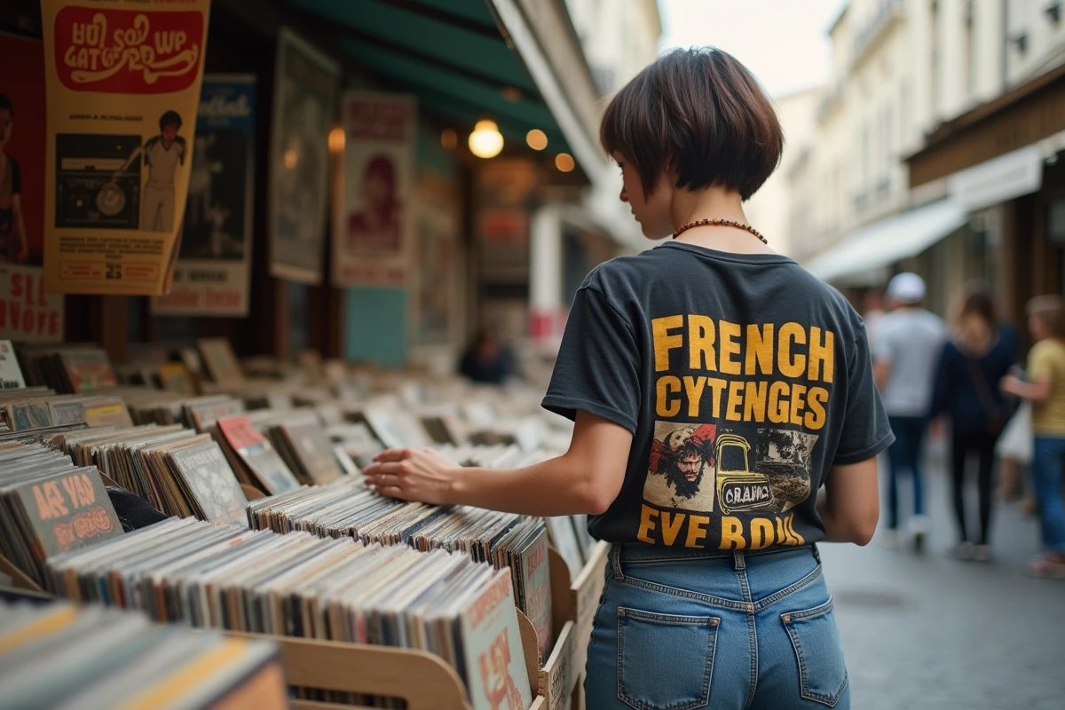 Femme feuilletant des vinyles de rock français des années 80-90 sur un marché aux puces parisien