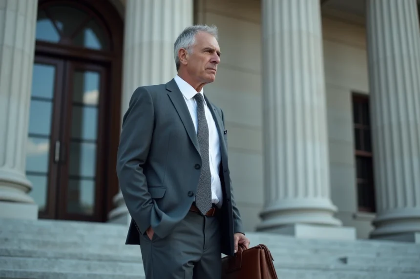 Vladimir Boudnikoff en costume gris devant le palais de justice après son procès médiatisé en 2026