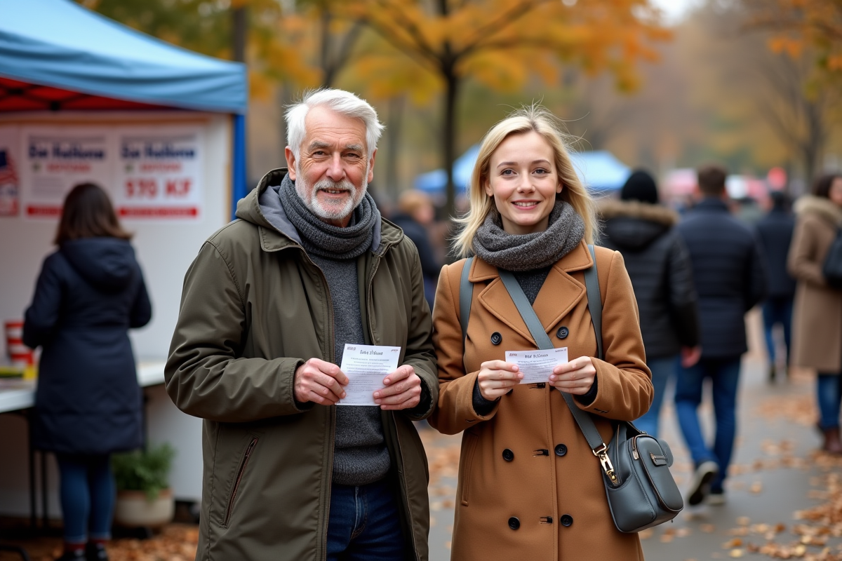 Jeune femme et homme âgé votant dans une station extérieure