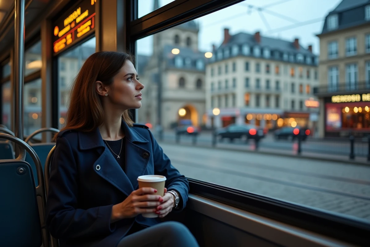 Femme assise dans le tramway de Nantes regardant les restaurants et monuments par la fenêtre